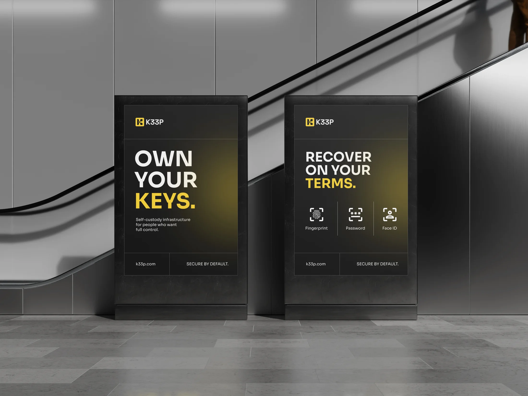 K33P messaging about owning and recovering keys on escalator billboards