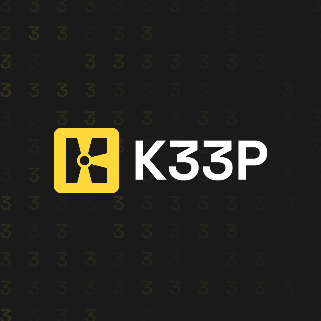 K33P logo on a dark patterned background