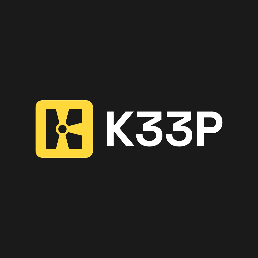 K33P horizontal lockup in yellow and white on black