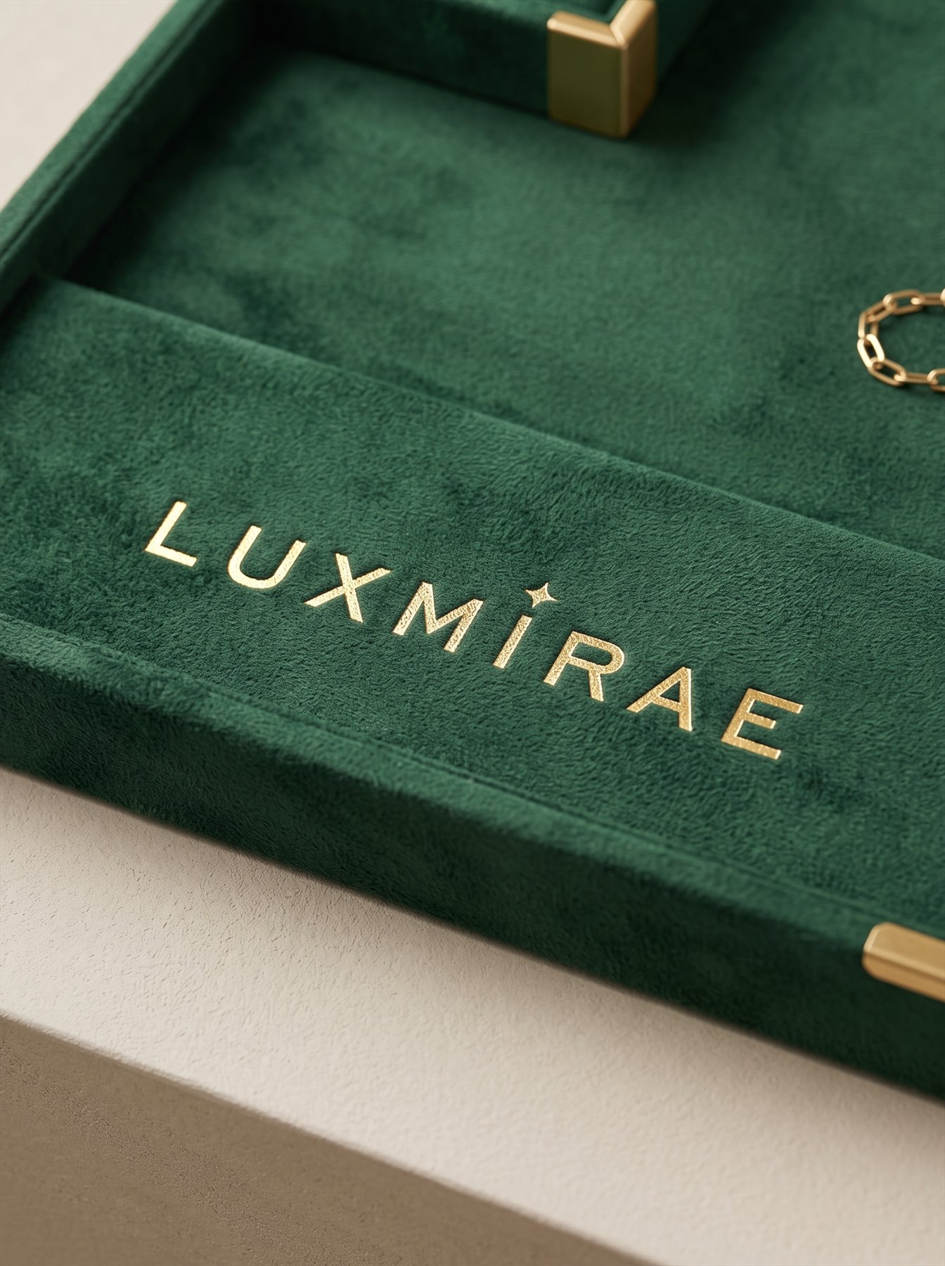 Luxmirae jewellery presented in a branded velvet tray
