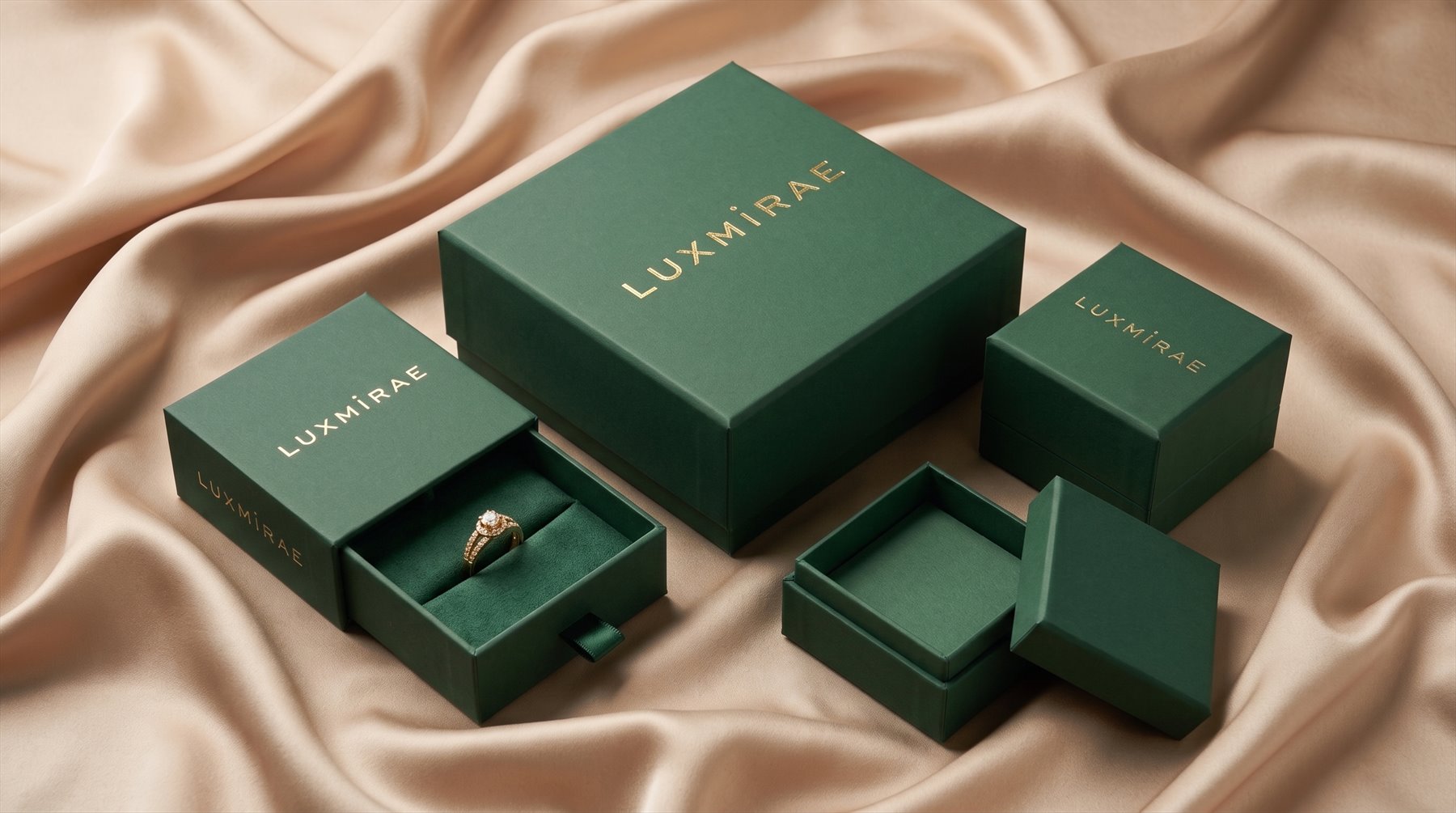 Luxmirae jewellery boxes on champagne fabric